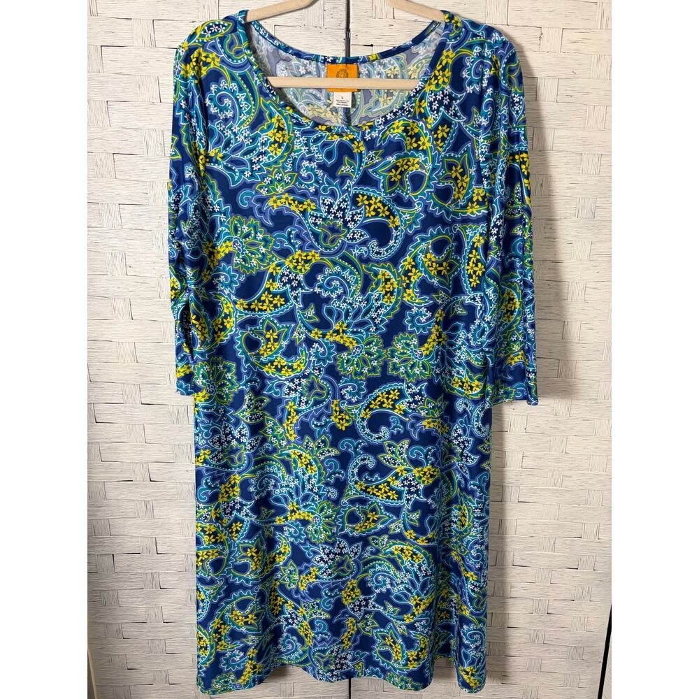 Ruby Rd womens Dress sheath Mini blue green paisley 3/4 sleeve hippie Boho